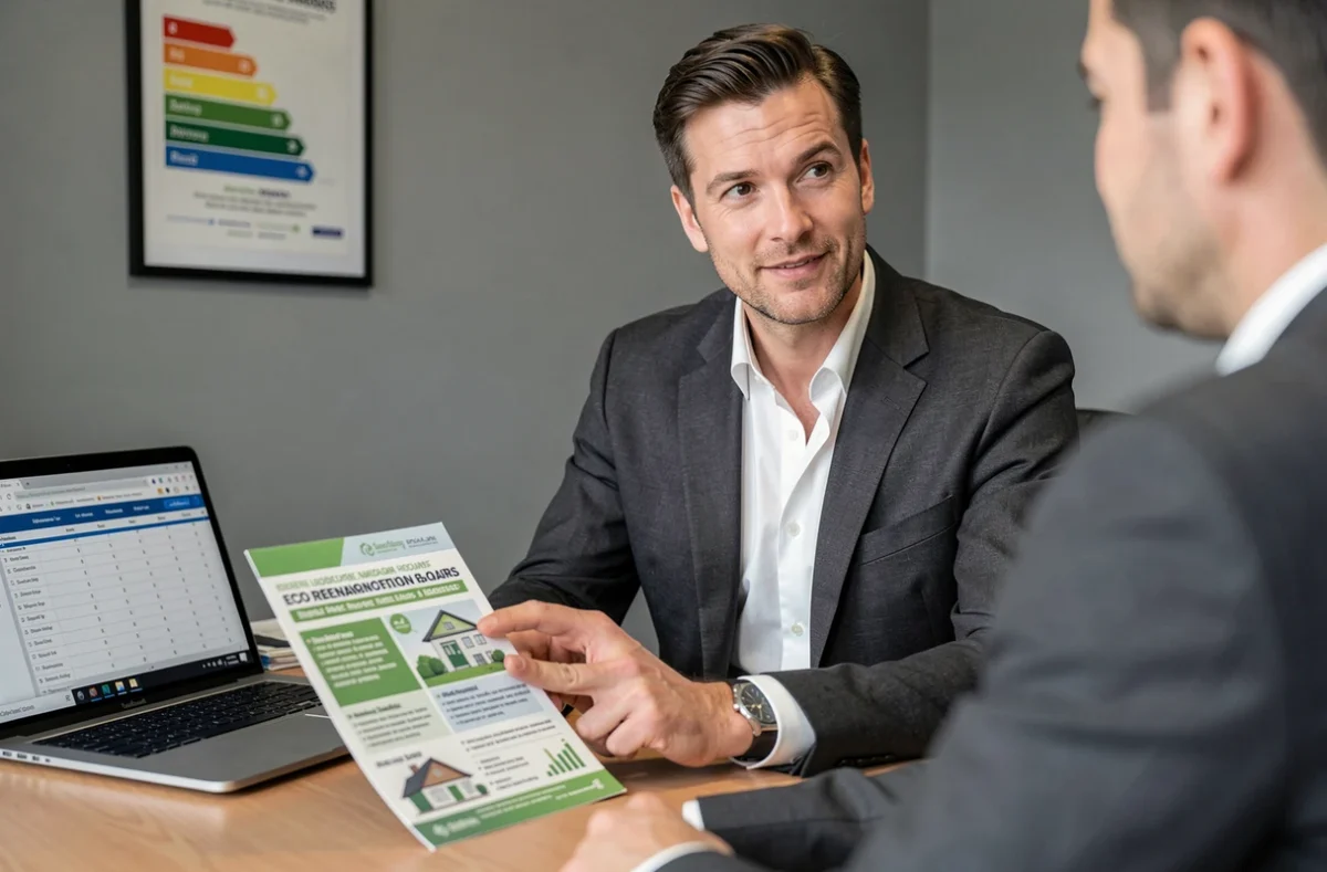 Conseiller financier présentant les aides et prêts disponibles pour le financement d'une pompe à chaleur