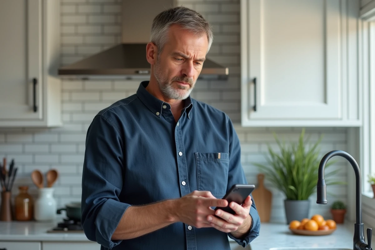Homme consultant des avis clients sur son smartphone dans une cuisine moderne