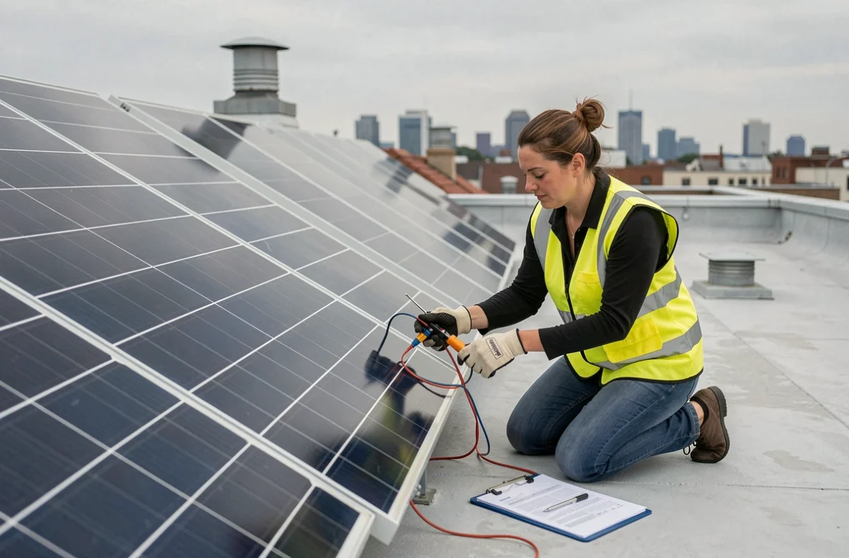 Femme technicienne testant des panneaux solaires sur un toit en milieu urbain
