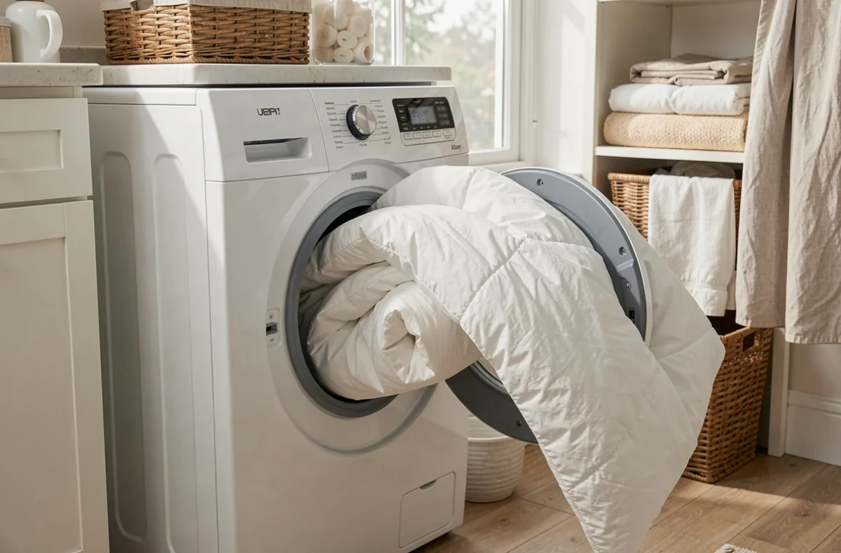 Couette volumineuse placée dans le tambour d'un lave-linge