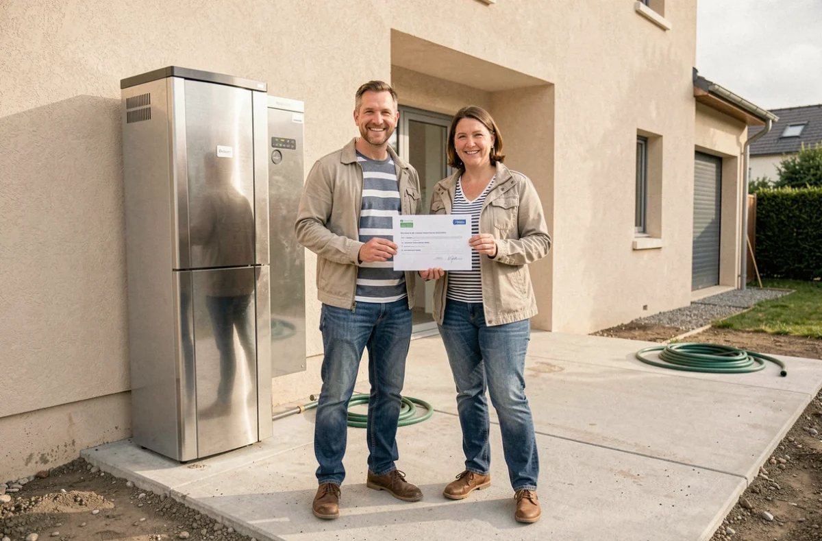 Couple devant leur pompe à chaleur installée tenant une lettre d'aide financière approuvée