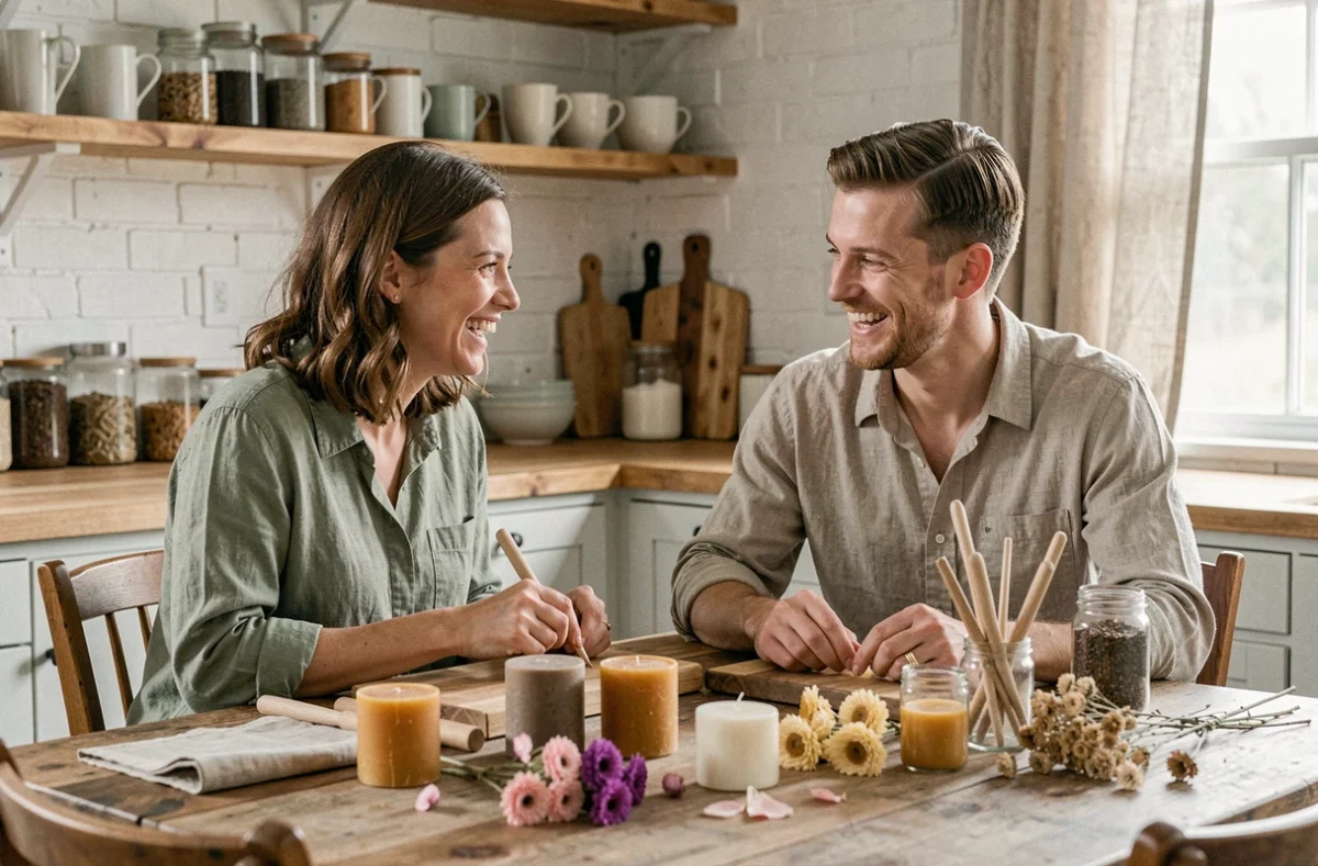 Couple réalisant ensemble un atelier DIY bougies et fleurs séchées dans une cuisine rustique chaleureuse pendant un week-end cosy