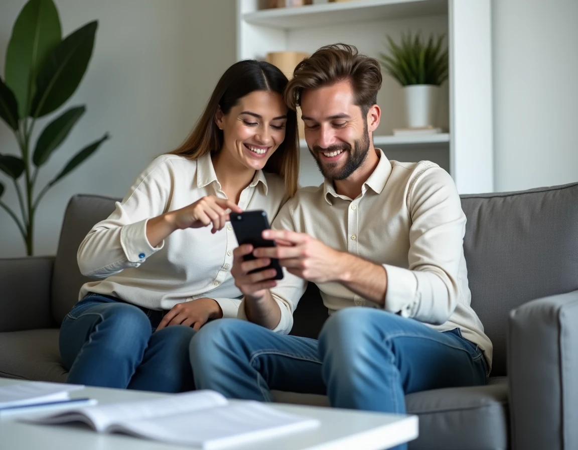 Couple choisissant un service de travaux à domicile sur smartphone dans leur salon