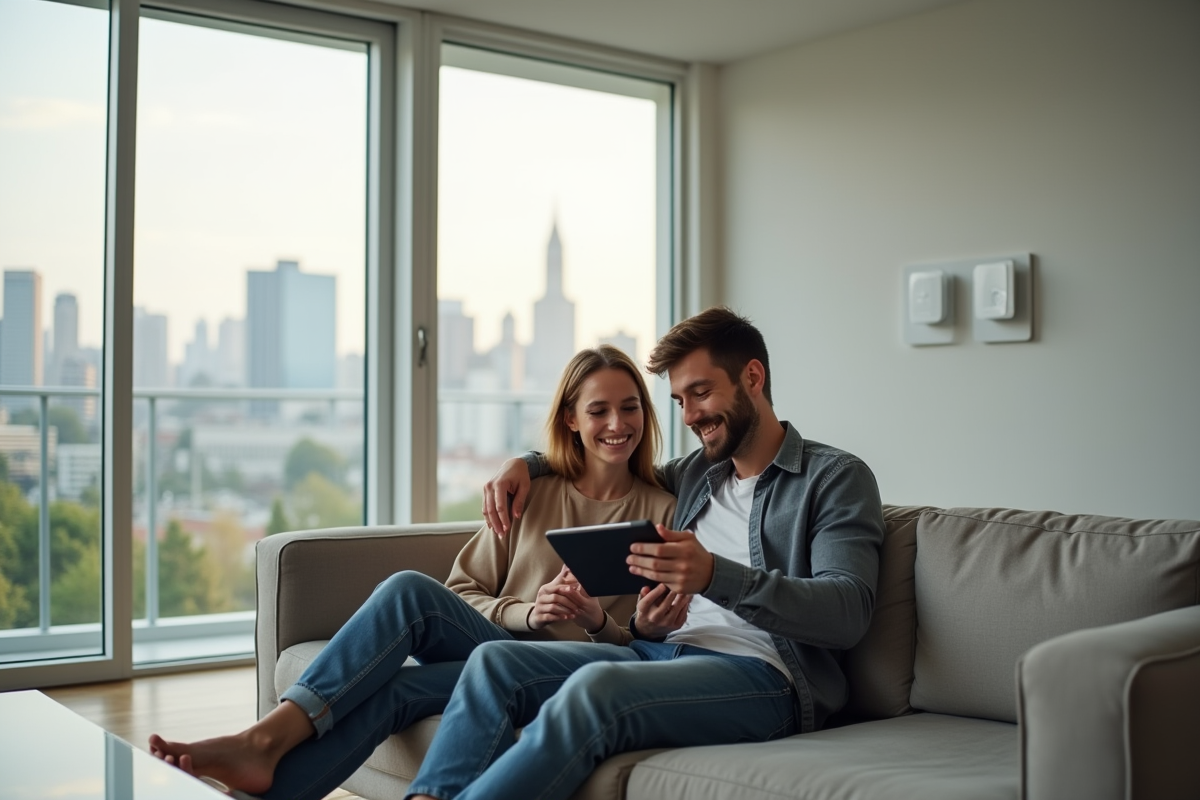 Jeune couple utilisant une tablette pour contrôler la maison connectée