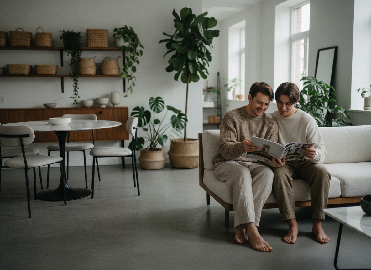 Jeune couple détendu dans un espace de vie design