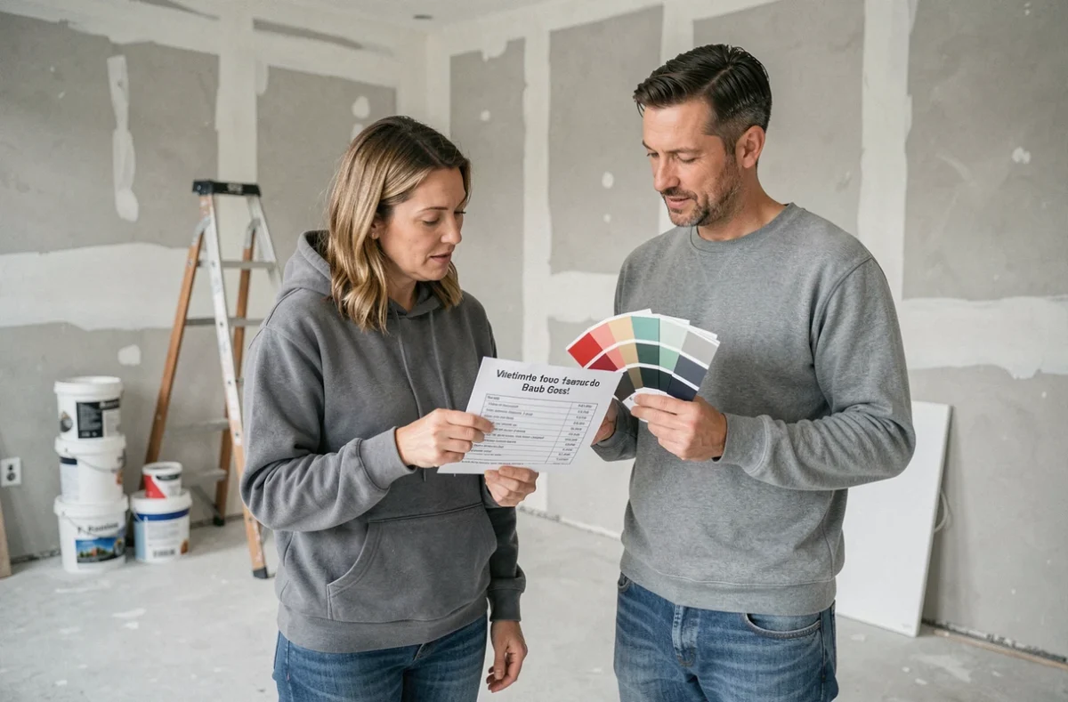 Couple examinant un devis de peinture intérieure au forfait dans une pièce en cours de rénovation