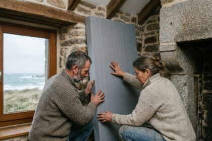 Couple breton installant l'isolation dans une pièce ancienne