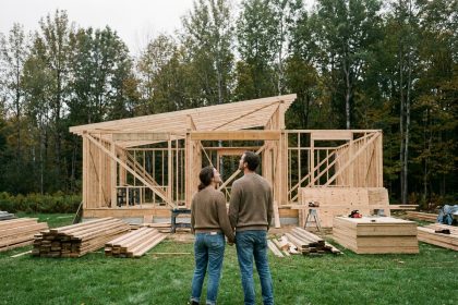 Couple regardant la structure en bois d'une maison moderne en construction