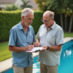 Couple devant la piscine extérieure en été