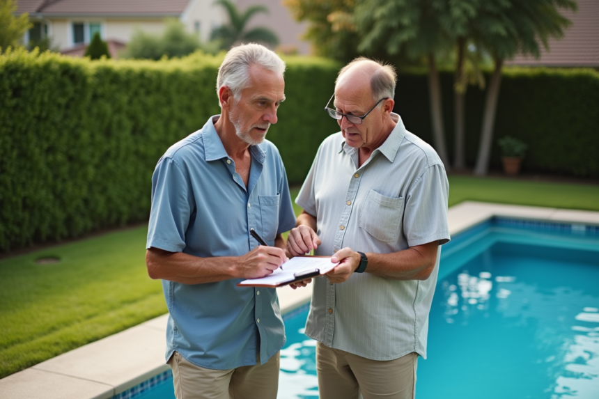 Couple devant la piscine extérieure en été