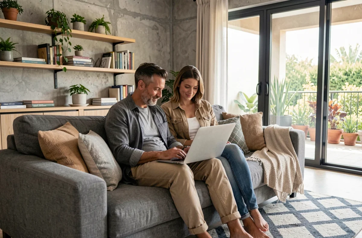 Couple consultant des projets d'aménagement maison et jardin sur un ordinateur portable dans un salon moderne