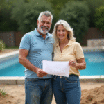 Couple souriant discutant plans de piscine en jardin