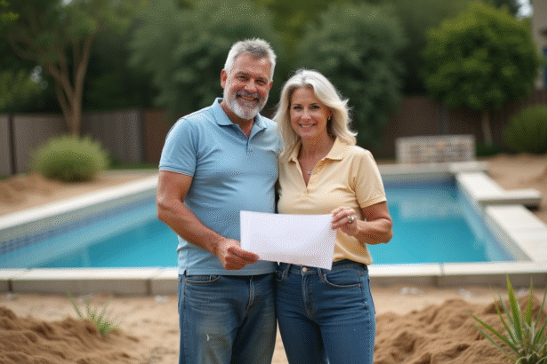 Couple souriant discutant plans de piscine en jardin