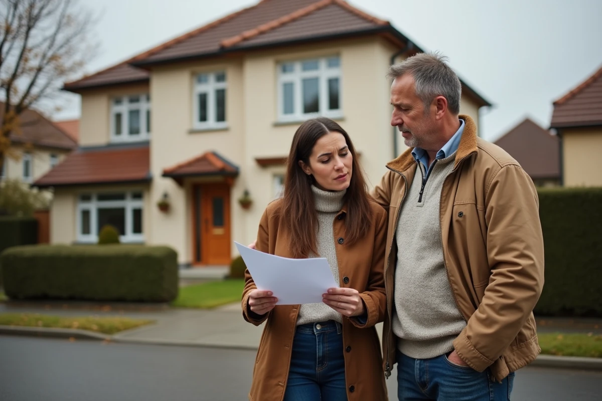 Couple de propriétaires devant leur maison de 120m2 comparant des devis d'assurance habitation