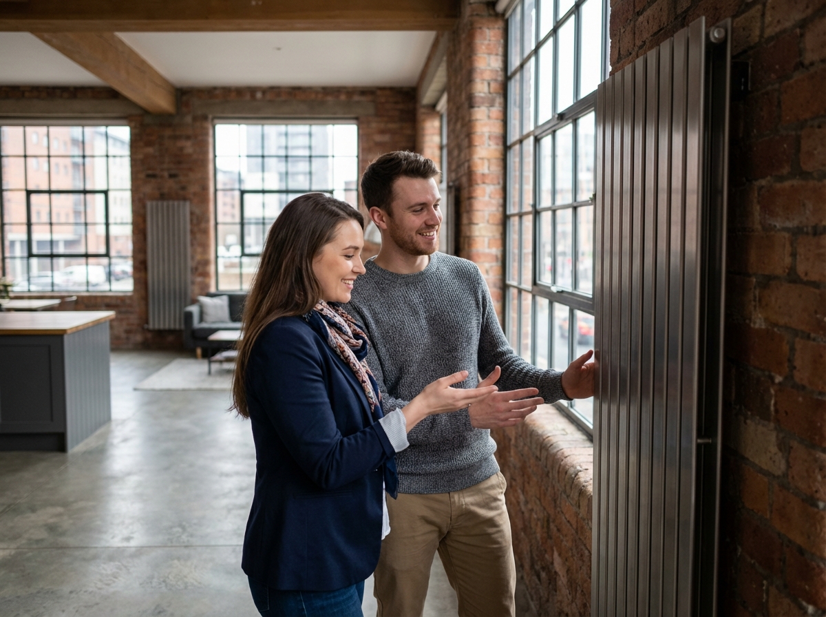 Jeune couple souriant devant un radiateur design dans un loft industriel