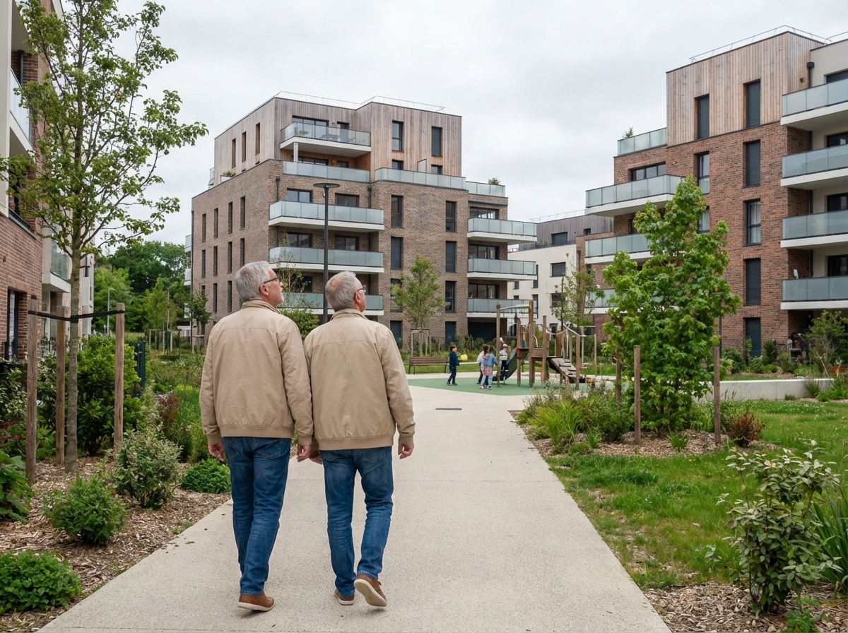 Couple âgé se promenant dans un quartier résidentiel