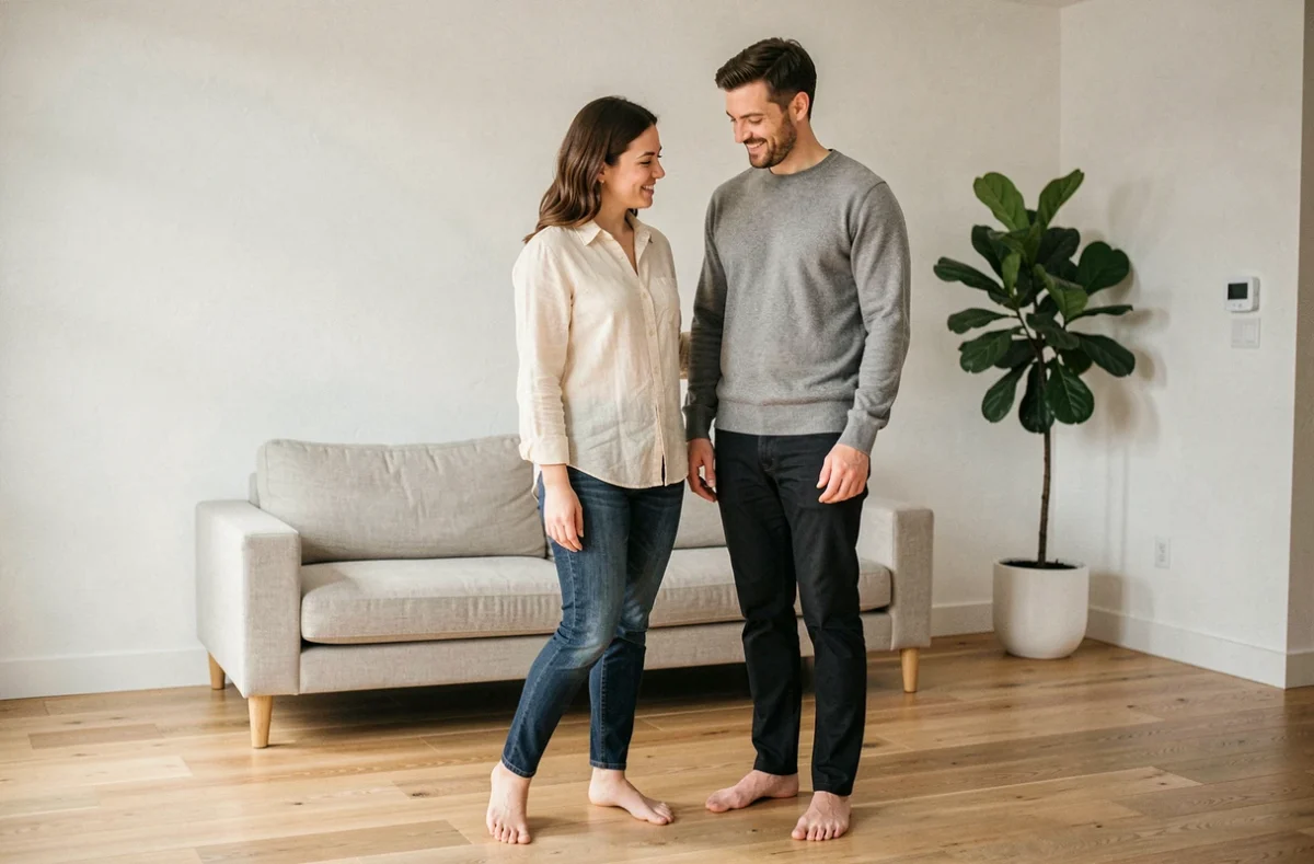 Couple satisfait dans un salon équipé d'un plancher chauffant avec thermostat connecté au mur