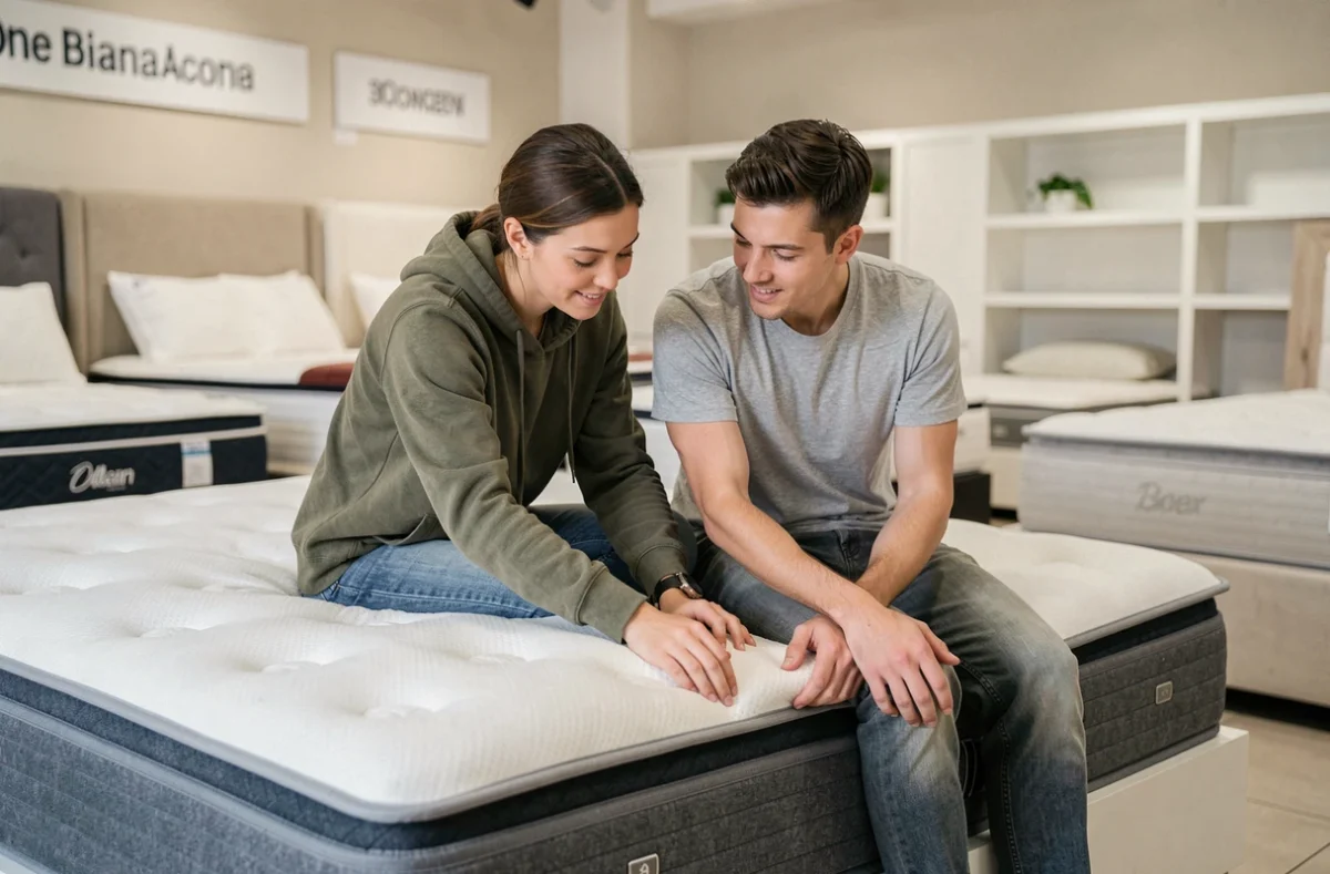 Un couple en magasin testant un matelas Simmons Lotus lors d'une période de promotions en 2026