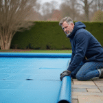 Homme posant la couverture d'hiver sur une piscine en jardin