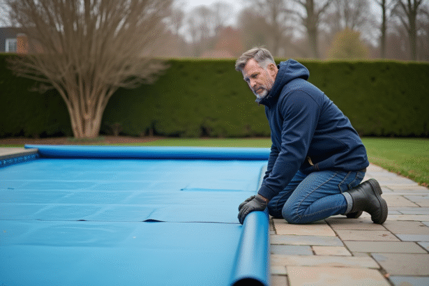 Homme posant la couverture d'hiver sur une piscine en jardin