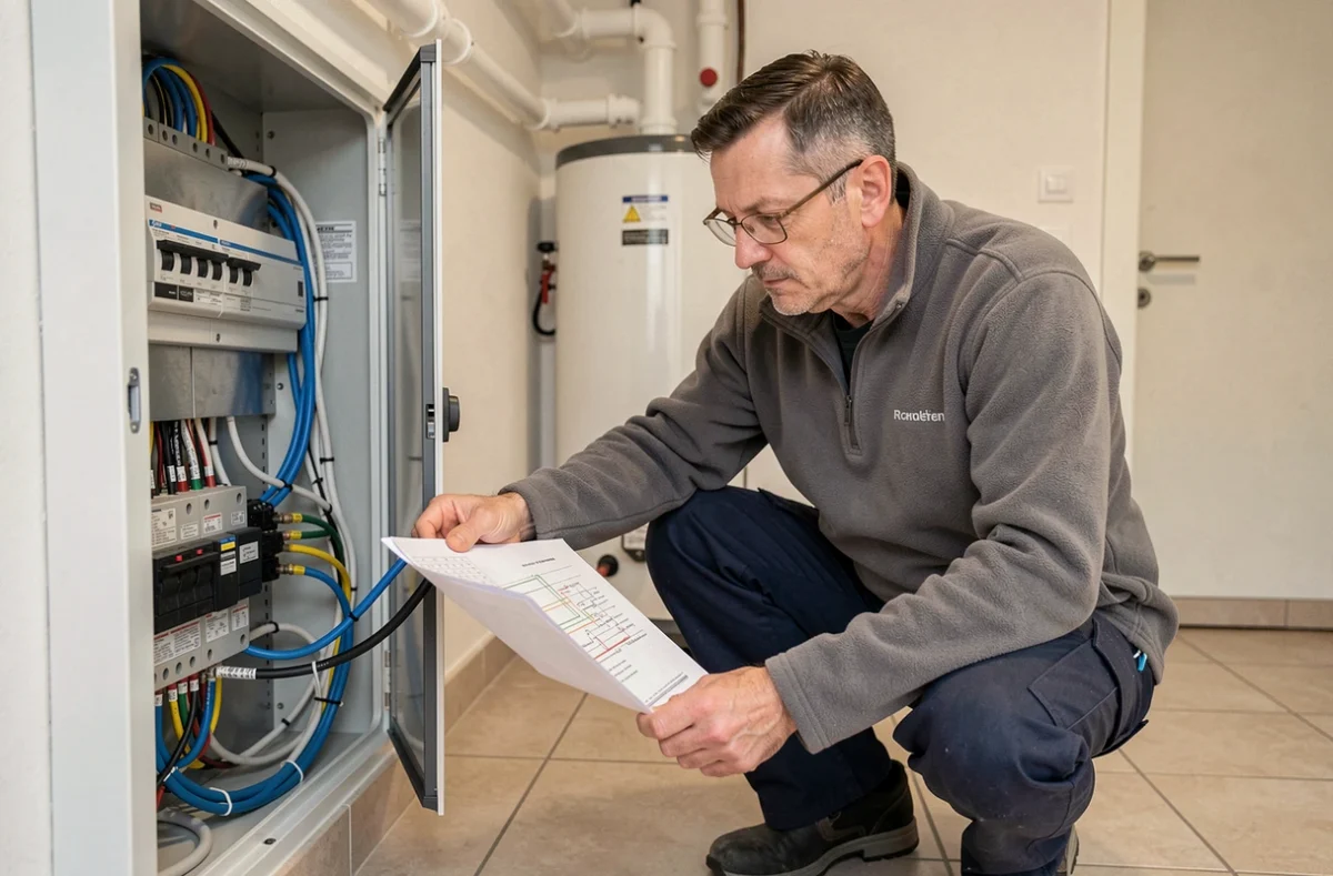 Électricien de Delvignelec câblant un tableau de distribution solaire dans une salle technique d'une maison moderne