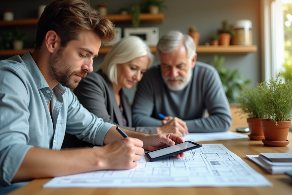 Jeune architecte dessinant sur une tablette dans une cuisine moderne