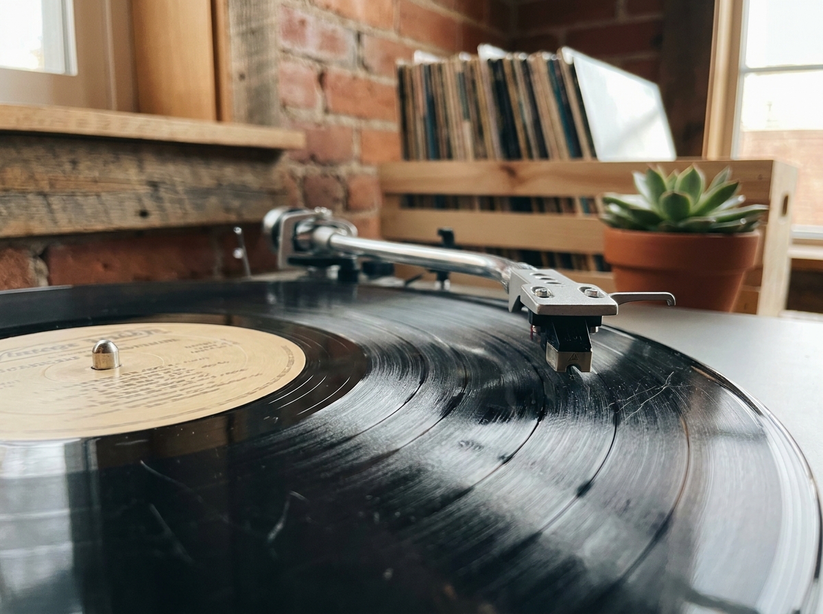 Gros plan sur le diamant d'une platine vinyle avec des disques rangés dans une caisse en bois sur une étagère en arrière-plan
