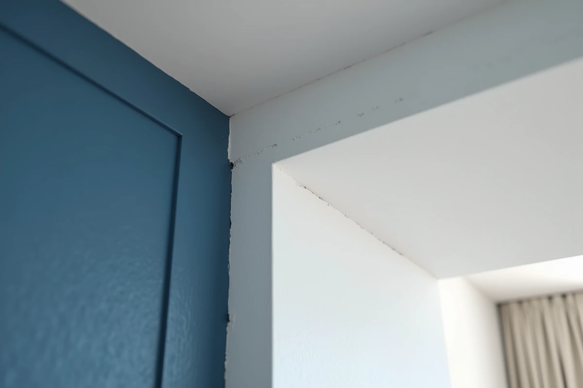 Détail macro d'un joint acrylique parfaitement lissé à la jonction plafond blanc et mur bleu marine après peinture dans un appartement rénové