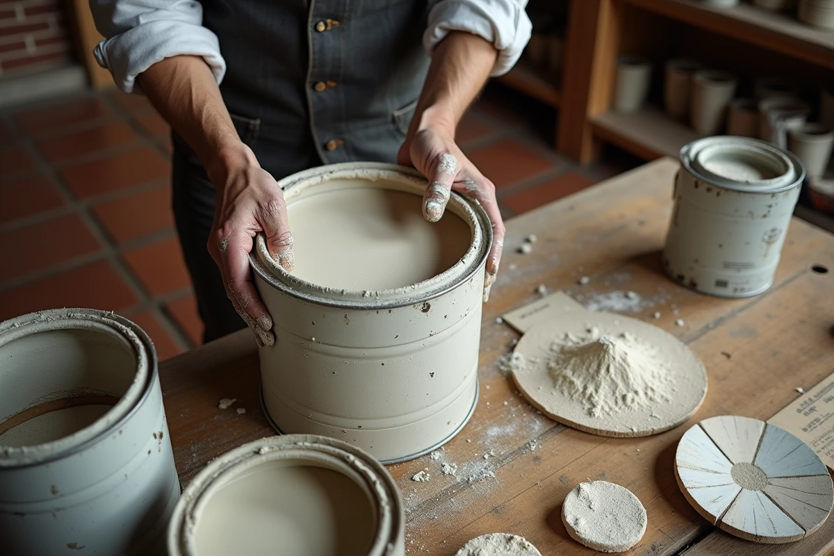 Gros plan sur des pots de peinture traditionnelle à la chaux et des échantillons d'enduit anciens sur un établi dans un magasin spécialisé rénovation appartement