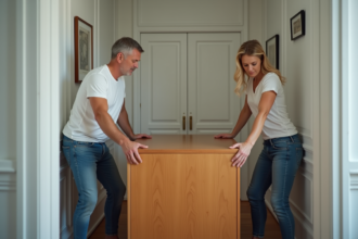 Un couple d'adultes déplaçant un meuble en bois dans un couloir