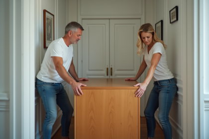 Un couple d'adultes déplaçant un meuble en bois dans un couloir