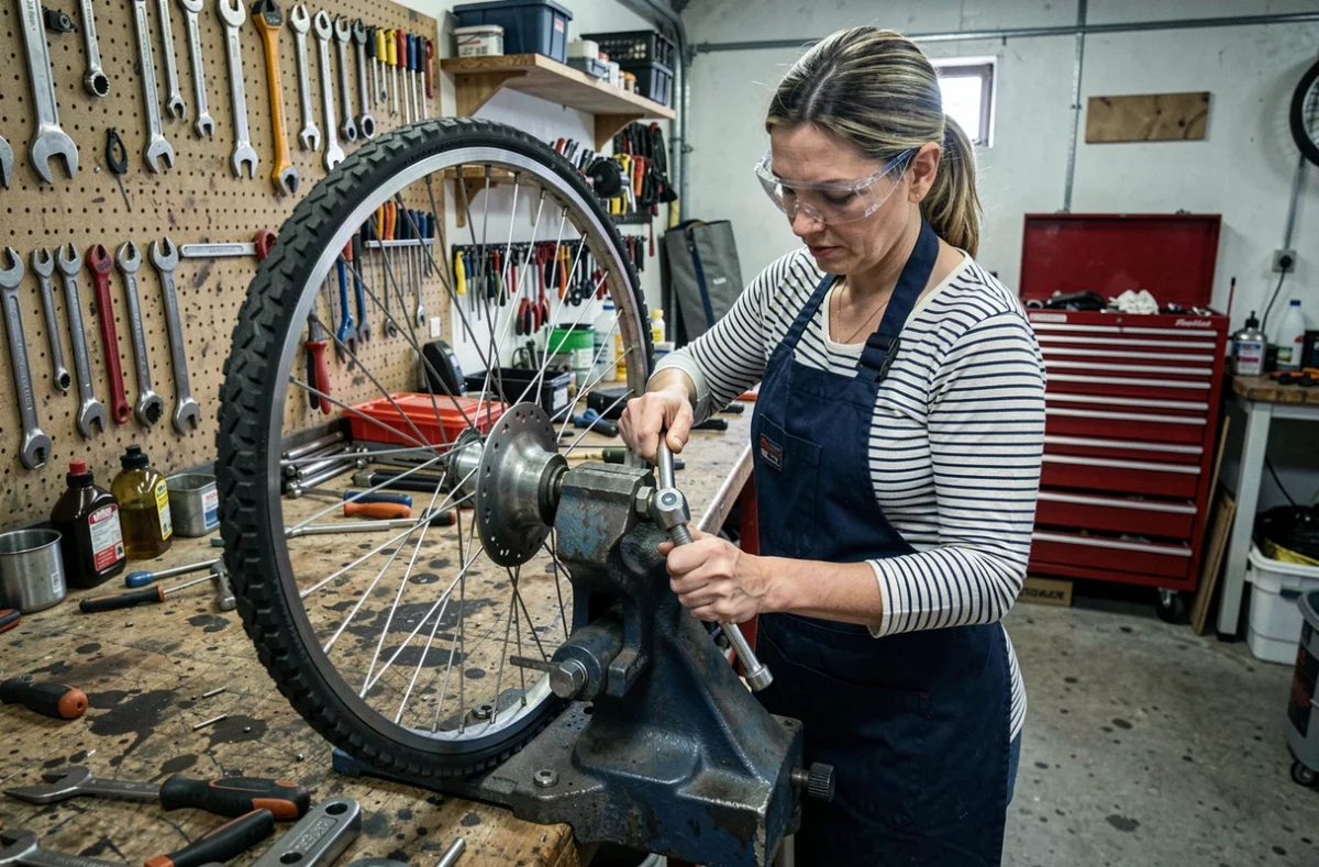 Une femme dans un atelier de garage dévissant un boulon de roue de vélo avec une clé à cliquet, démontrant la règle du sens antihoraire pour dévisser