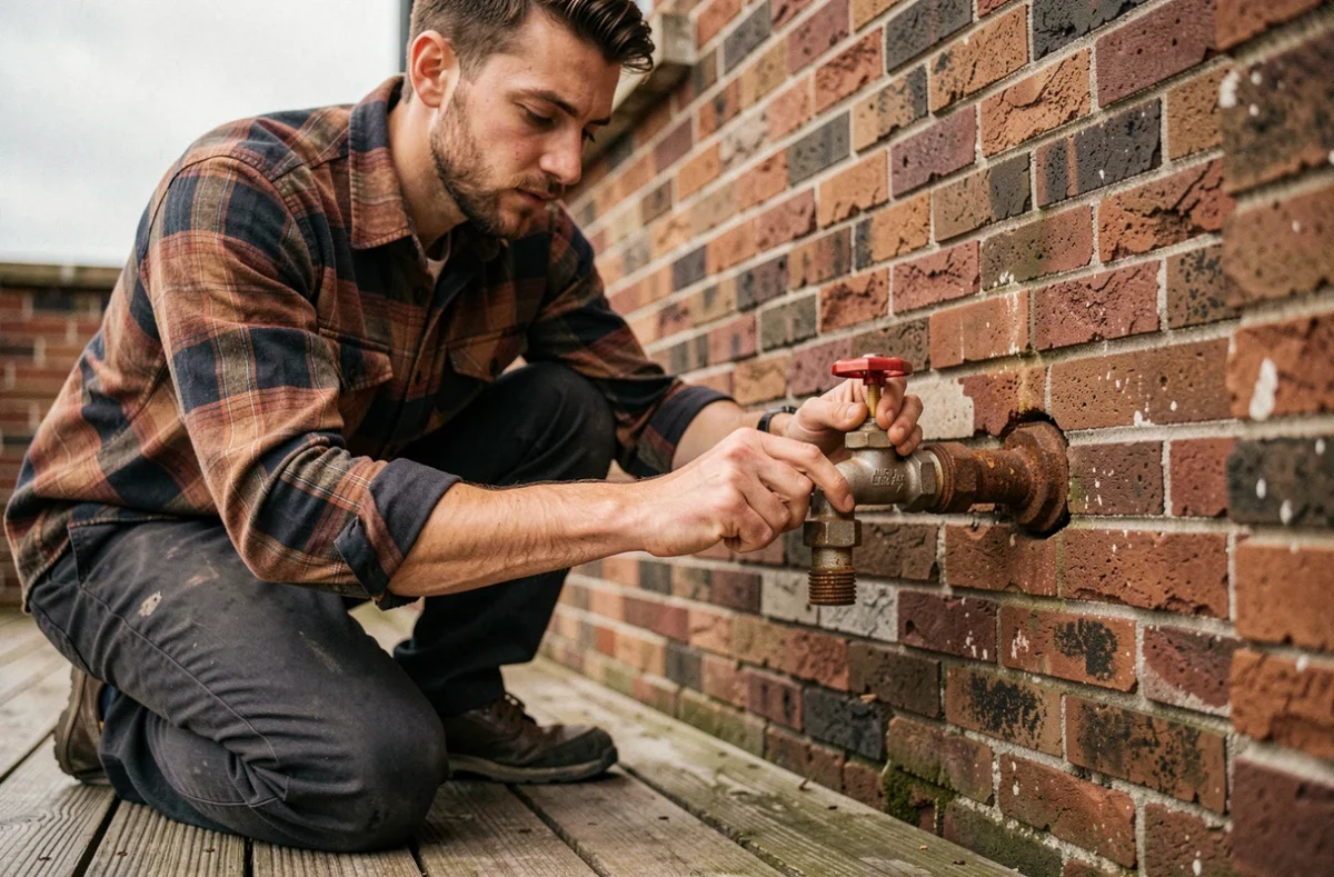 Un jeune homme dévissant un robinet de jardin rouillé sur un mur en briques extérieur, exemple concret de la règle pour dévisser dans le bon sens