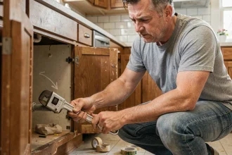 Un homme vissant une bague de canalisation sous un évier de cuisine avec une clé à molette, illustrant le sens de dévissage dans le sens antihoraire