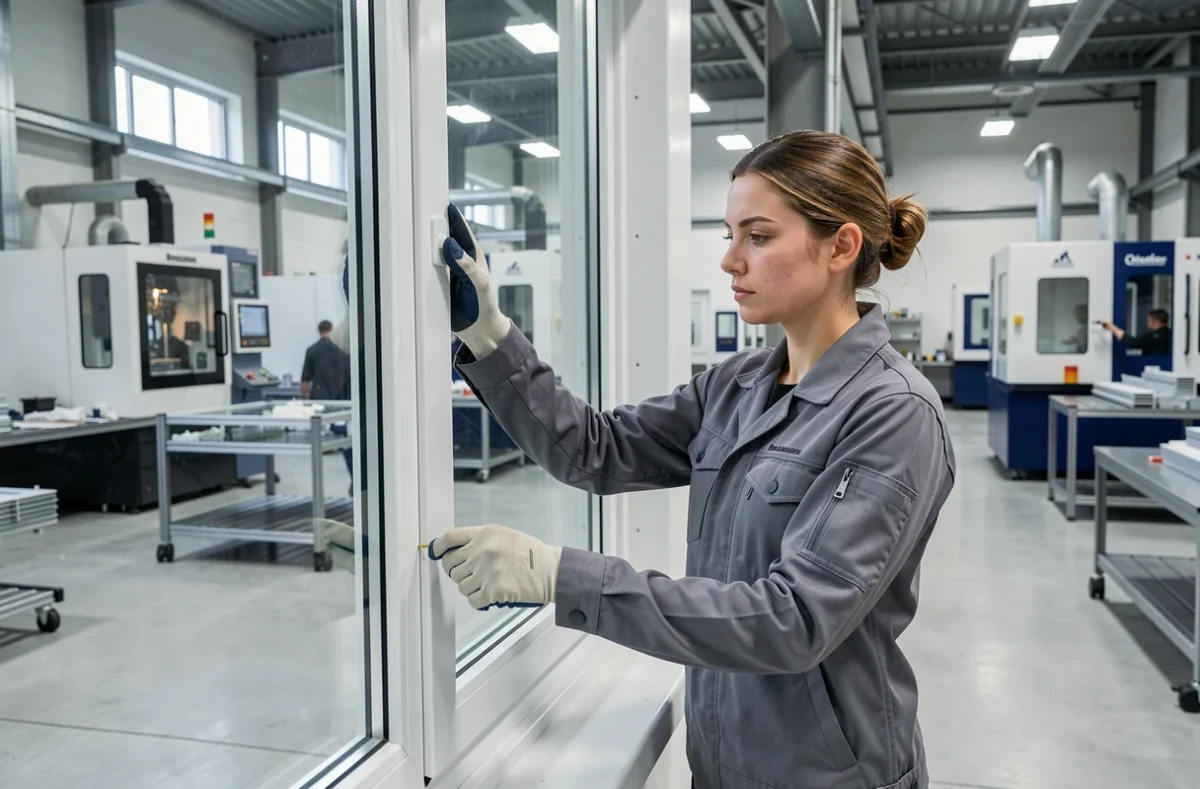 Technicienne mesurant un châssis de fenêtre en aluminium double vitrage dans l'atelier industriel de Diambox à Riedisheim