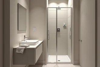 Petite salle de bain moderne de 4 m² avec douche à l'italienne et lavabo suspendu, illustrant les dimensions minimales requises pour circuler confortablement