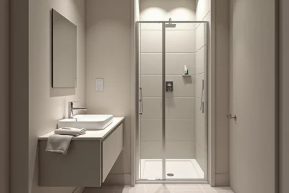 Petite salle de bain moderne de 4 m² avec douche à l'italienne et lavabo suspendu, illustrant les dimensions minimales requises pour circuler confortablement