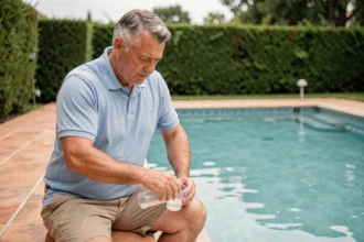 Homme mesurant la dose d'eau de javel pour traiter une piscine de 50 m3 au chlore maison