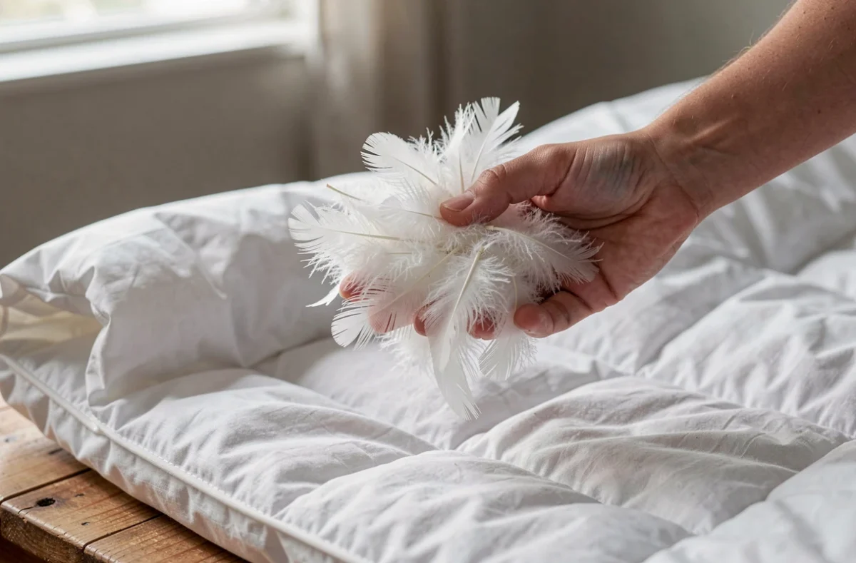 Duvet blanc tenu dans la main au-dessus d'une couette ouverte
