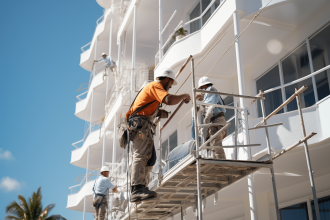 Réparation minutieuse d'une façade fissurée avec outils appropriés