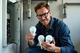 Électricien comparant deux ampoules LED dimmables de puissances différentes devant un tableau électrique dans une pièce utilitaire moderne
