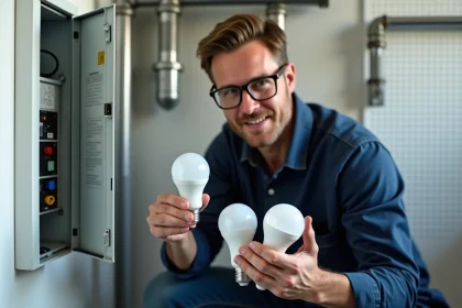 Électricien comparant deux ampoules LED dimmables de puissances différentes devant un tableau électrique dans une pièce utilitaire moderne