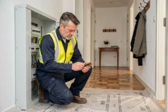 Électricien professionnel en intervention d'urgence sur un tableau électrique dans un appartement moderne