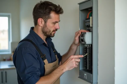 Électricien homme vérifiant un tableau électrique domestique