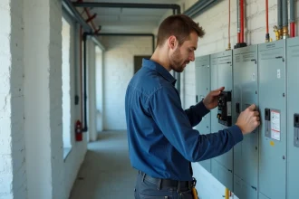 Électricien inspectant un panneau électrique moderne