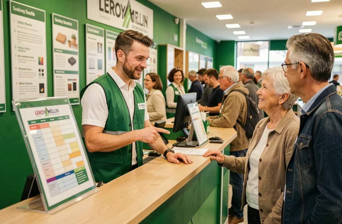 Employé Leroy Merlin expliquant les horaires de soldes à des clients au comptoir de service