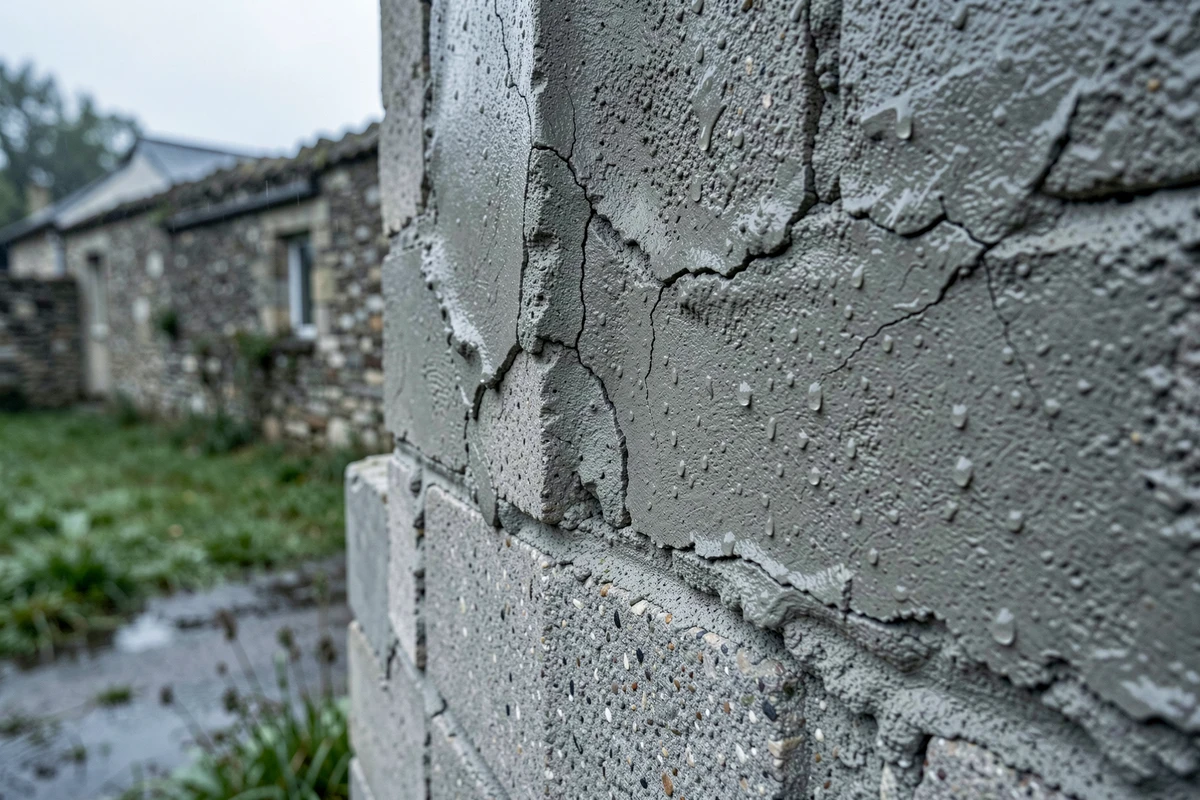 Détail d'un enduit fissuré sur parpaings exposé à l'humidité avec micro-fissures visibles