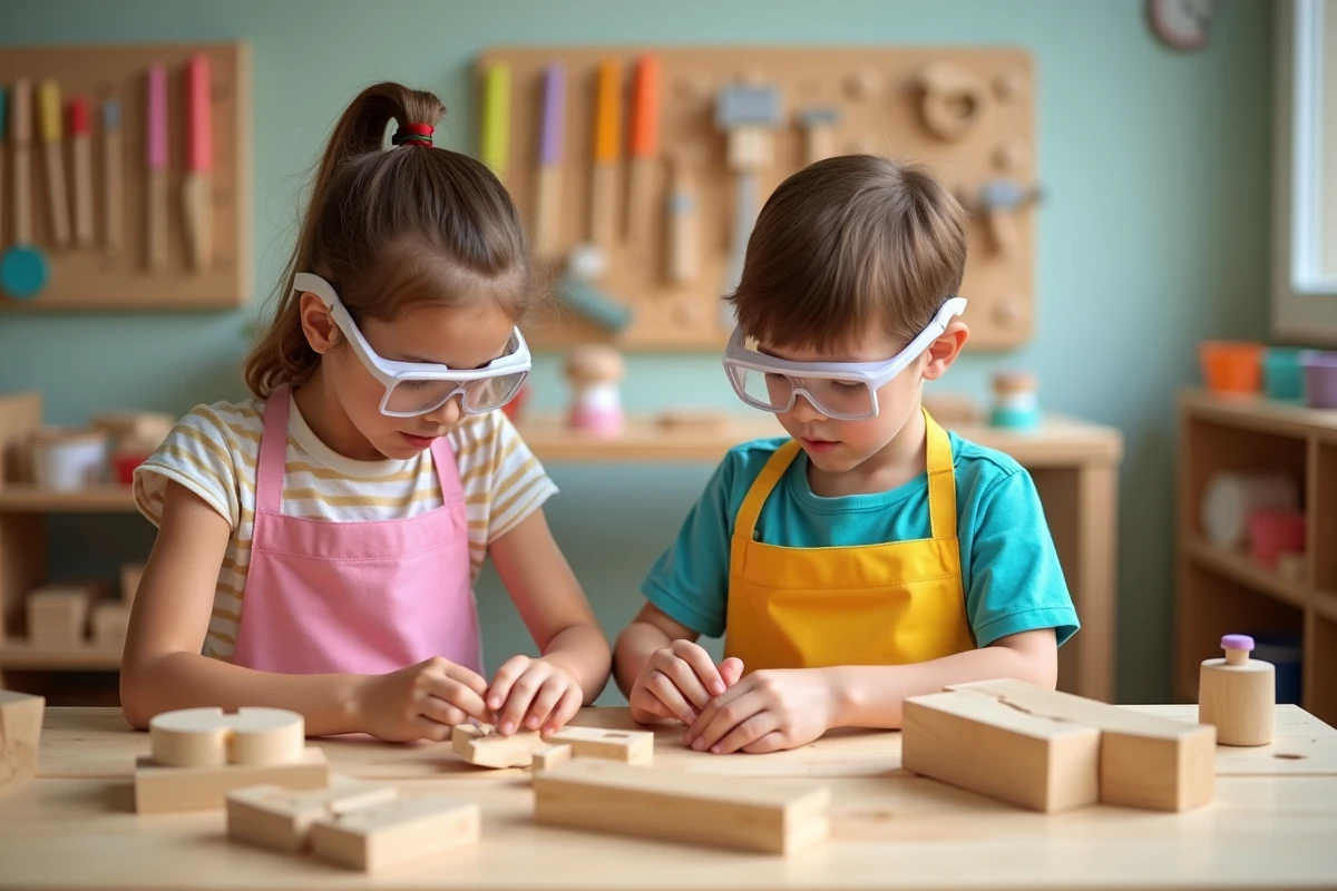 Deux enfants portant des lunettes de protection assemblant des pièces en bois dans un atelier pédagogique sécurisé