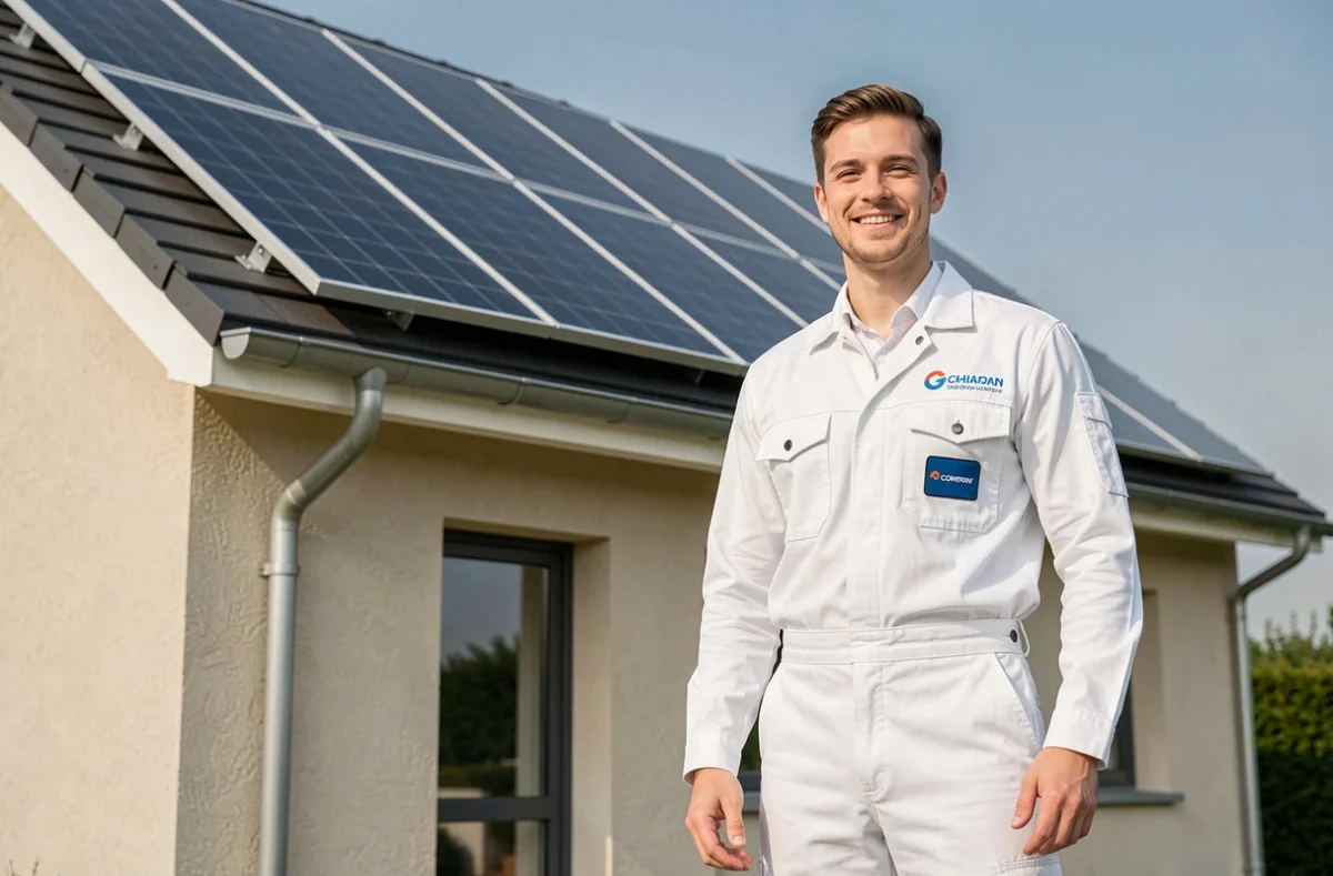 Installateur d'Ensol posant fièrement devant une installation de panneaux solaires résidentiels achevée dans la banlieue de Chinon