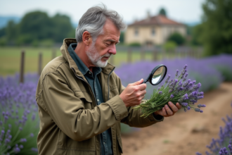 Entomologiste examinant des tiges de lavande pour termites